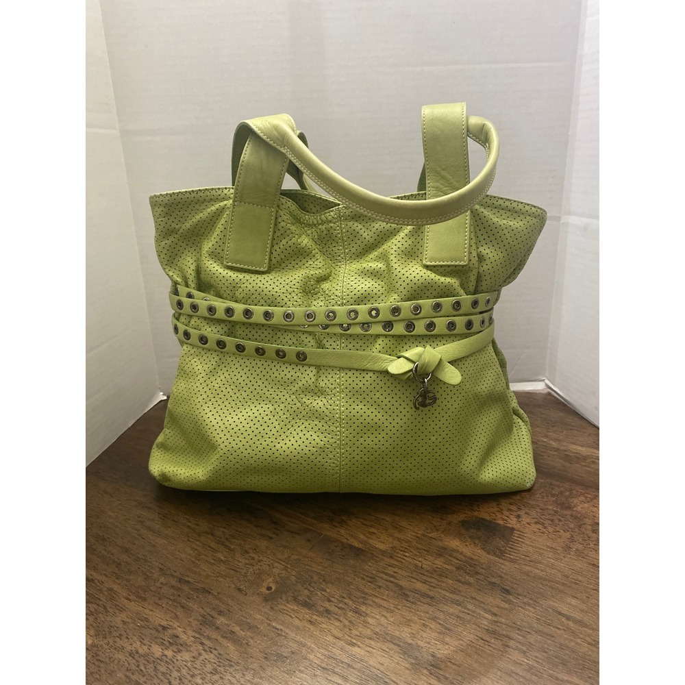 Roberta Gandolfi Italy Lime Green Perforated Leather Studded Tote Bag Handbag